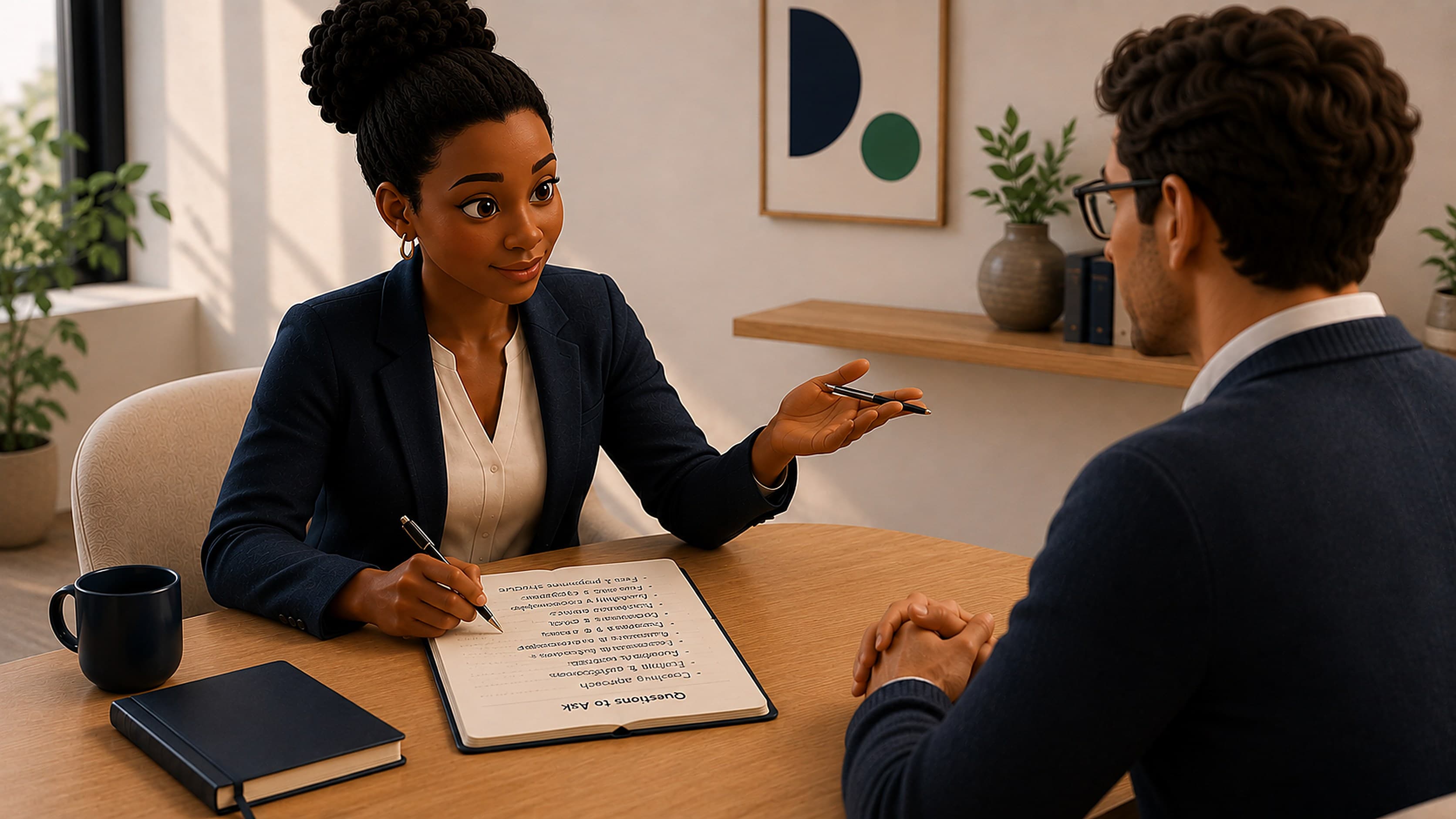 A buyer asking a prospective executive coach a list of prepared questions