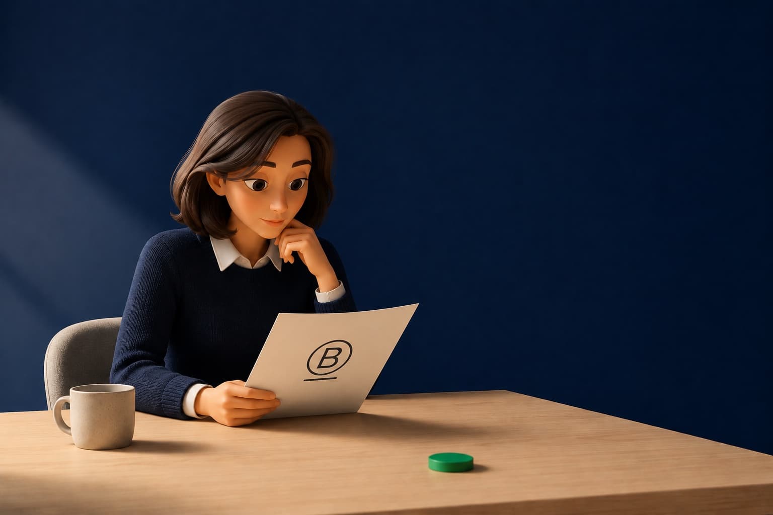 A person reviewing a document with a B Corp logo, checking certification details