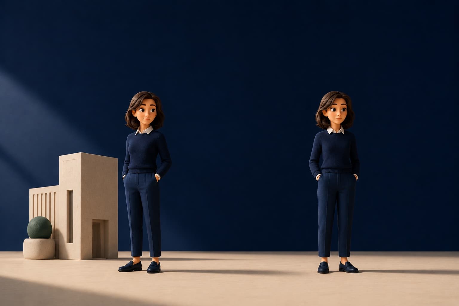 Two similar figures standing apart, one beside a small building model, representing the distinction between a certified company and an individual coach