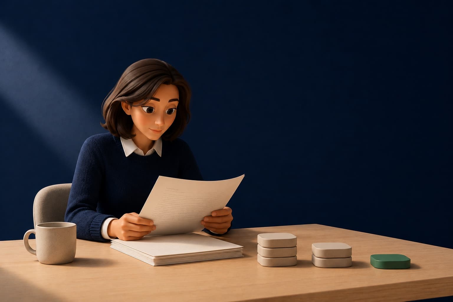 A person reviewing a document alongside a stack of tokens, one highlighted in green, representing a shift away from a single cumulative score