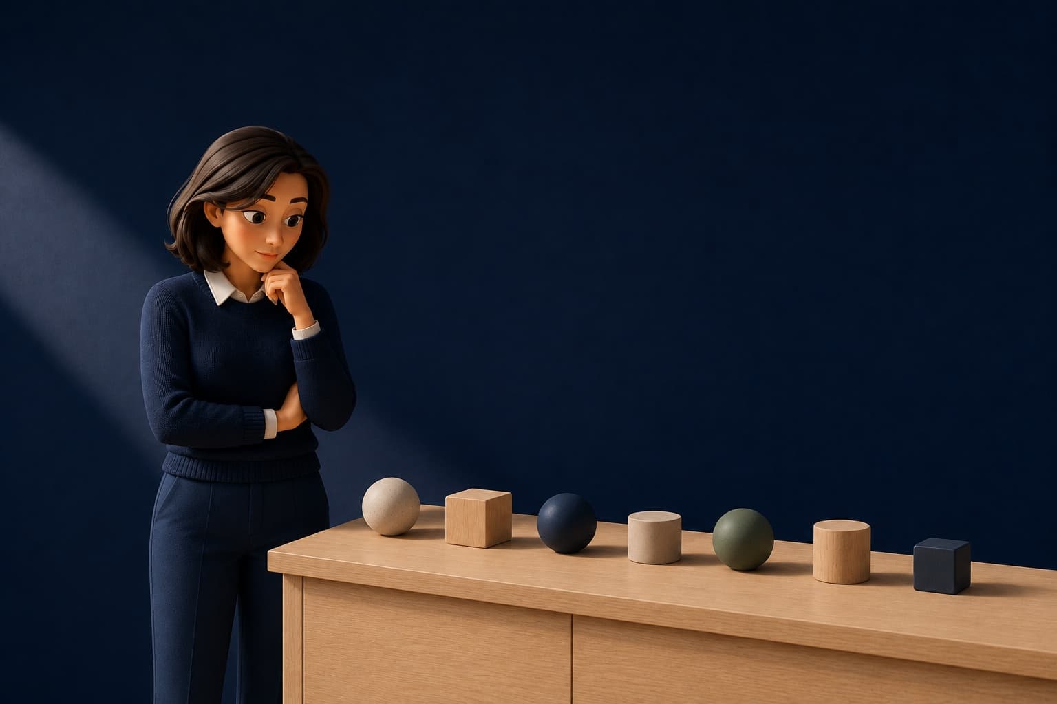 Seven distinct objects lined up on a shelf, representing the seven Impact Topics companies must meet