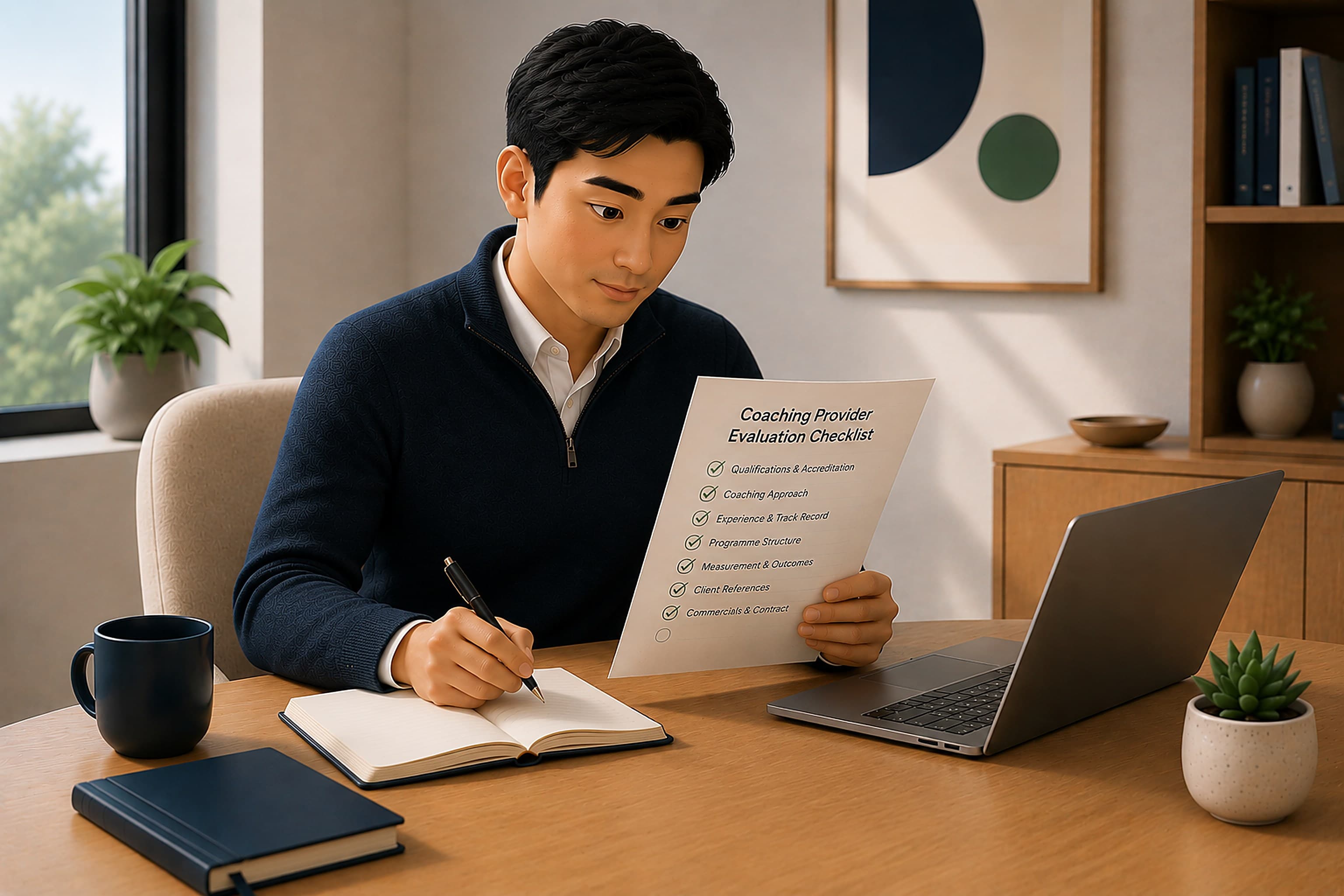 A buyer reviewing a coaching provider evaluation checklist