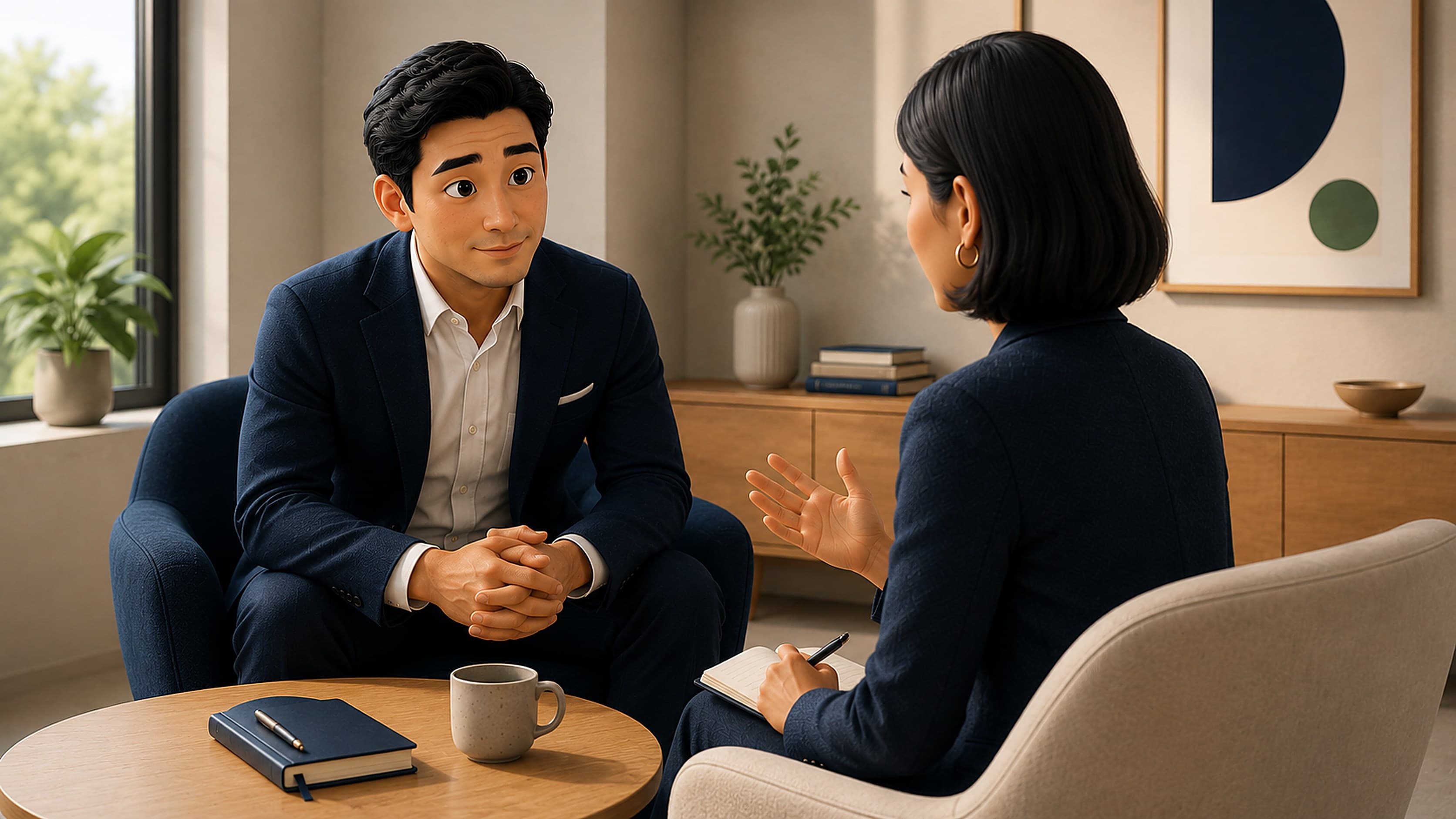 A one-to-one executive coaching session between a senior leader and their coach