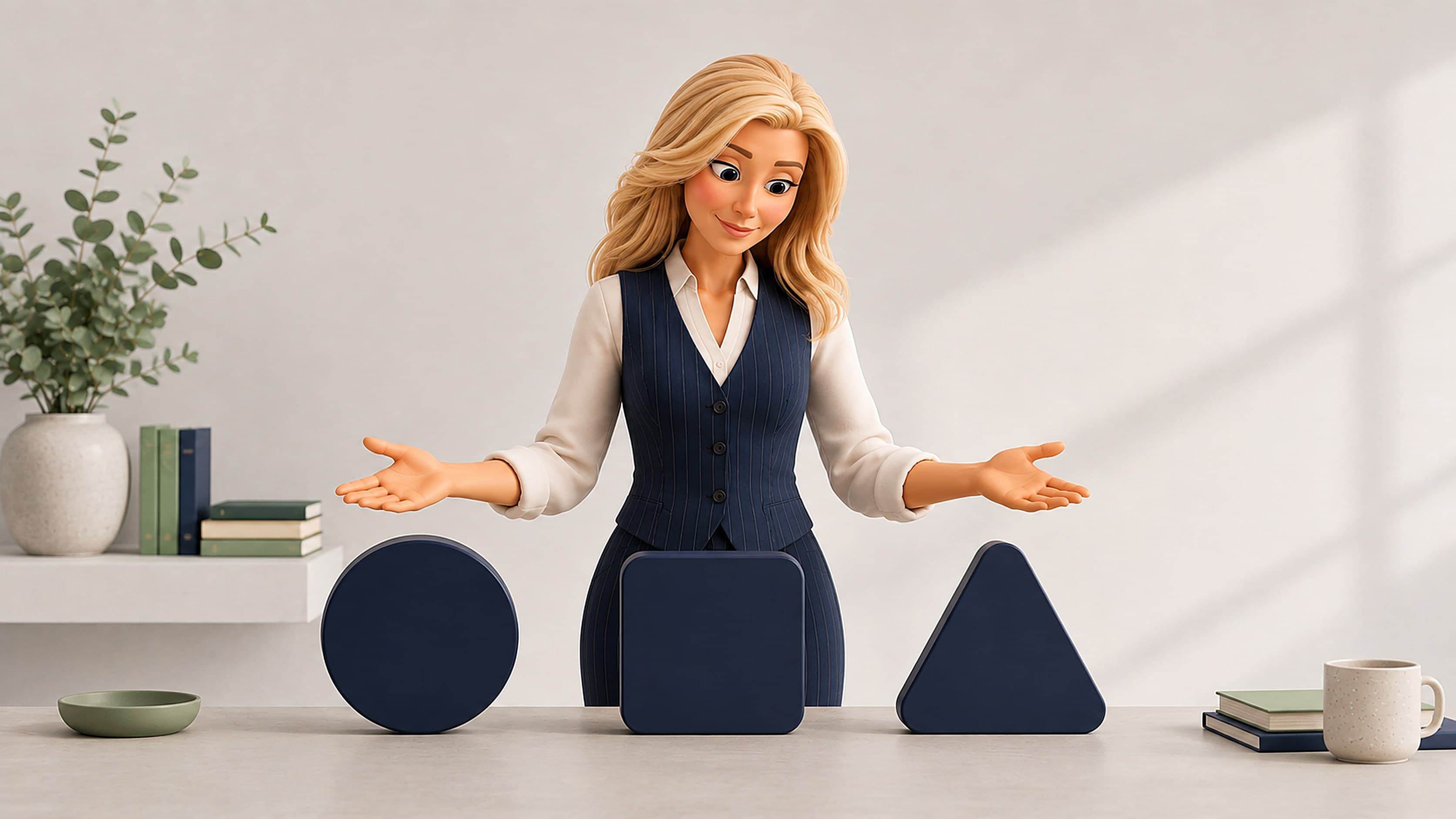 A coach presenting three equal, neutral shapes representing different professional accreditation routes