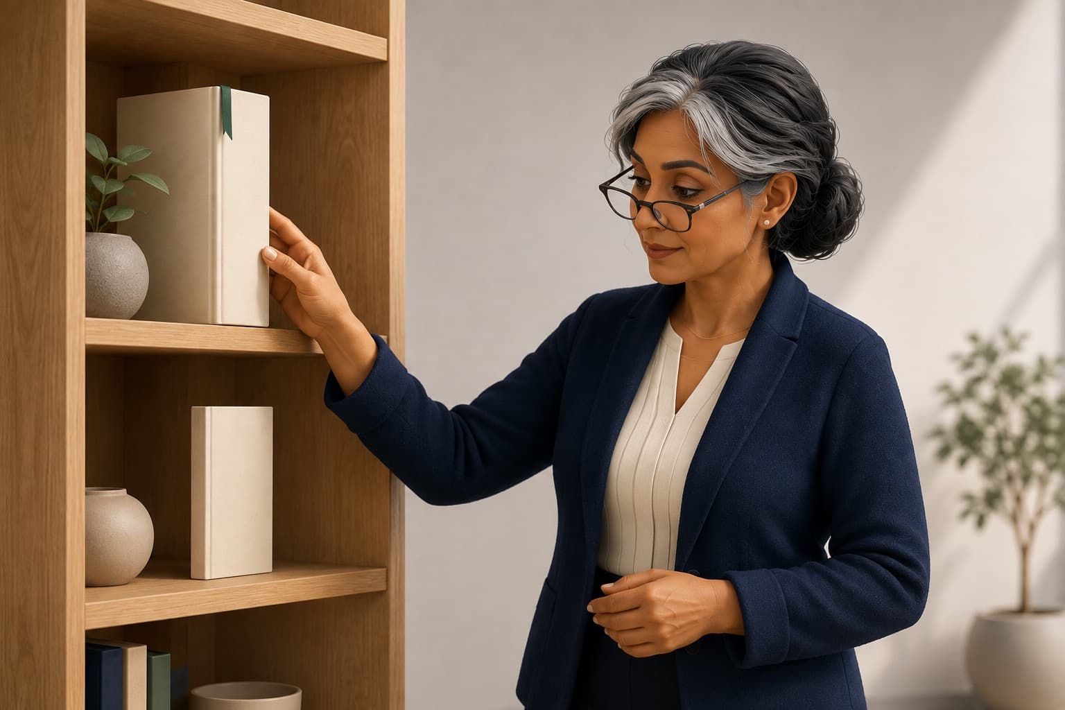 A senior HR professional selecting between qualification levels on a bookshelf