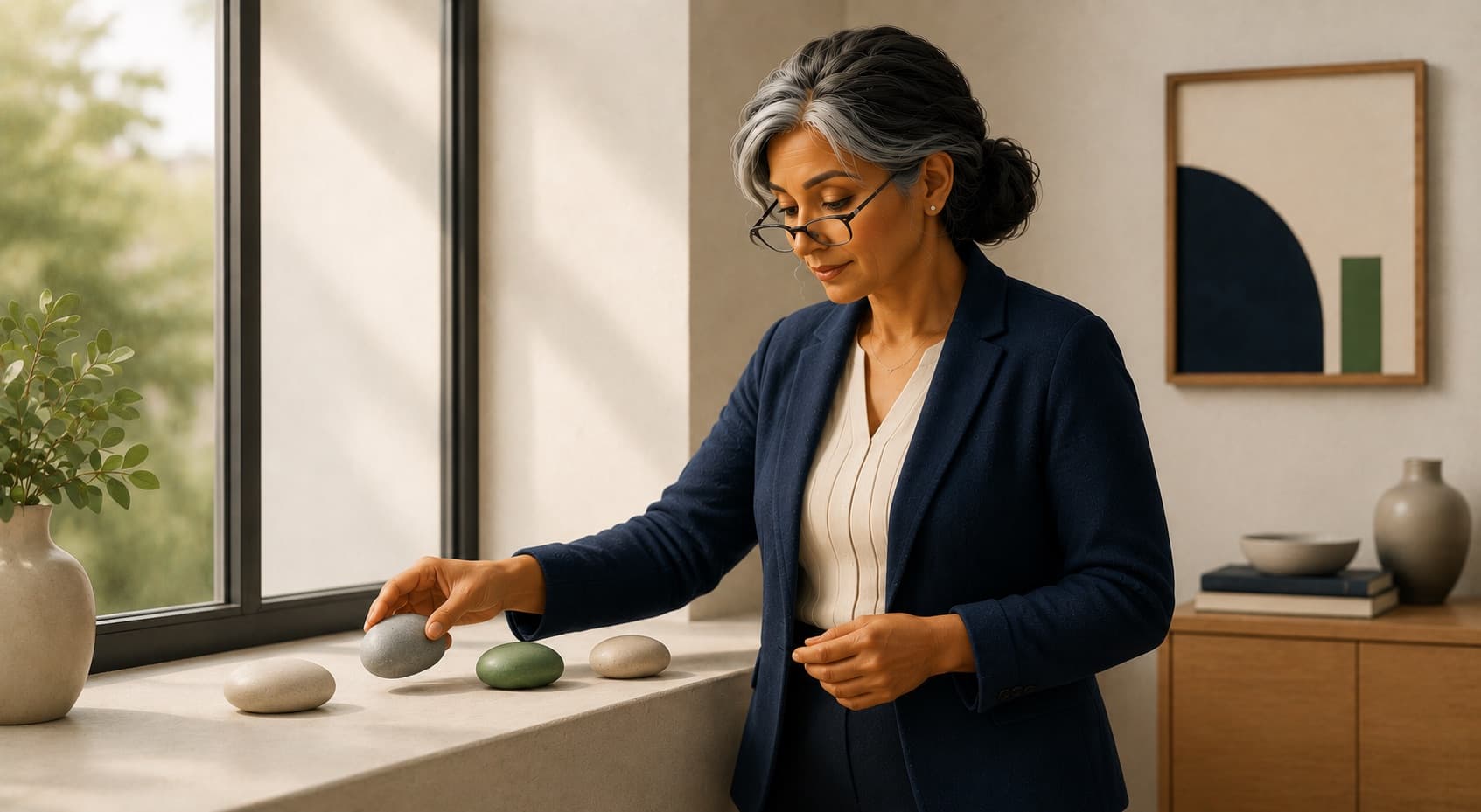 A senior HR professional weighing up different coloured stones, representing weighing up different kinds of coaching evidence