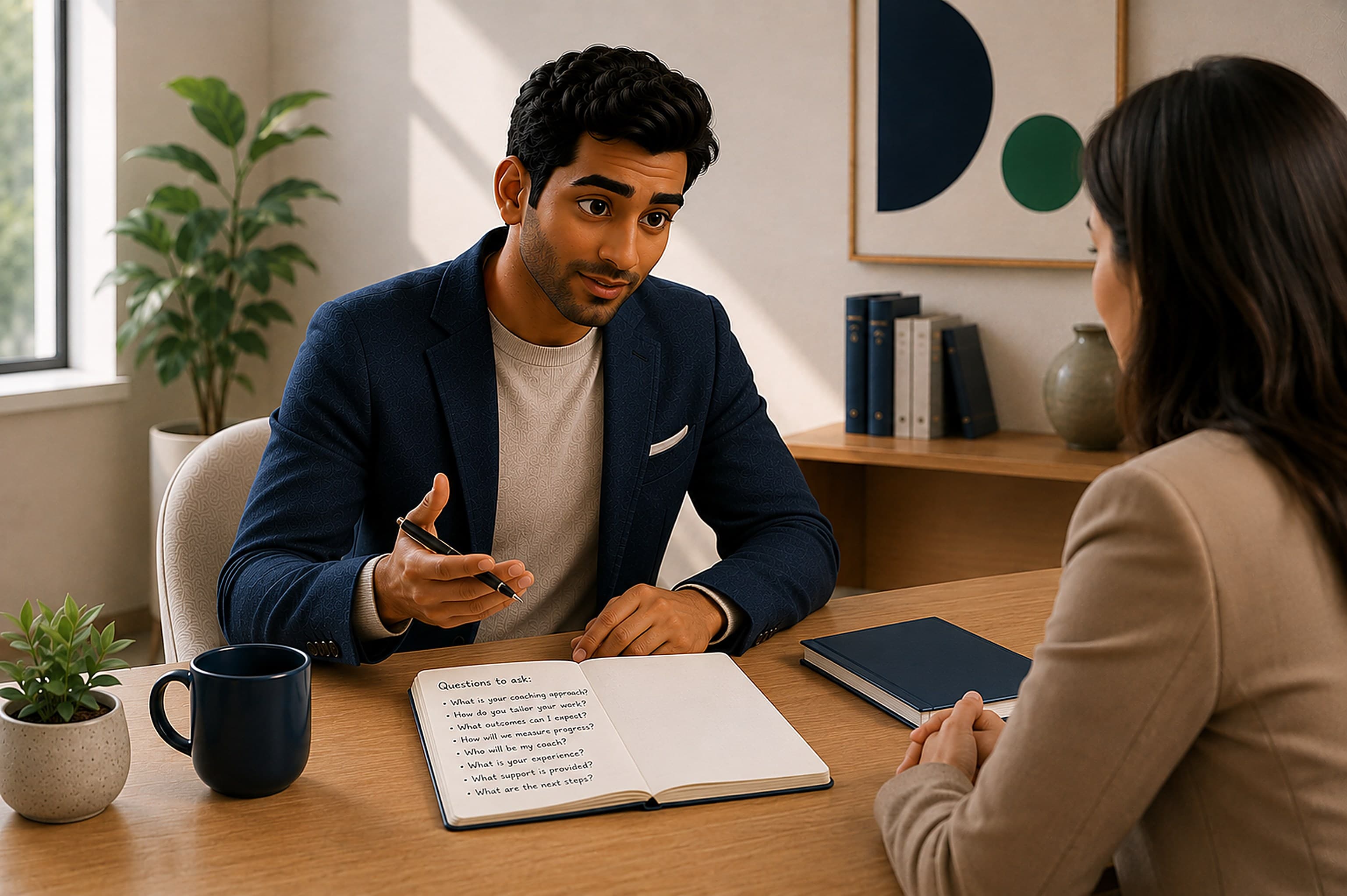 A buyer working through a prepared list of questions with a prospective coach