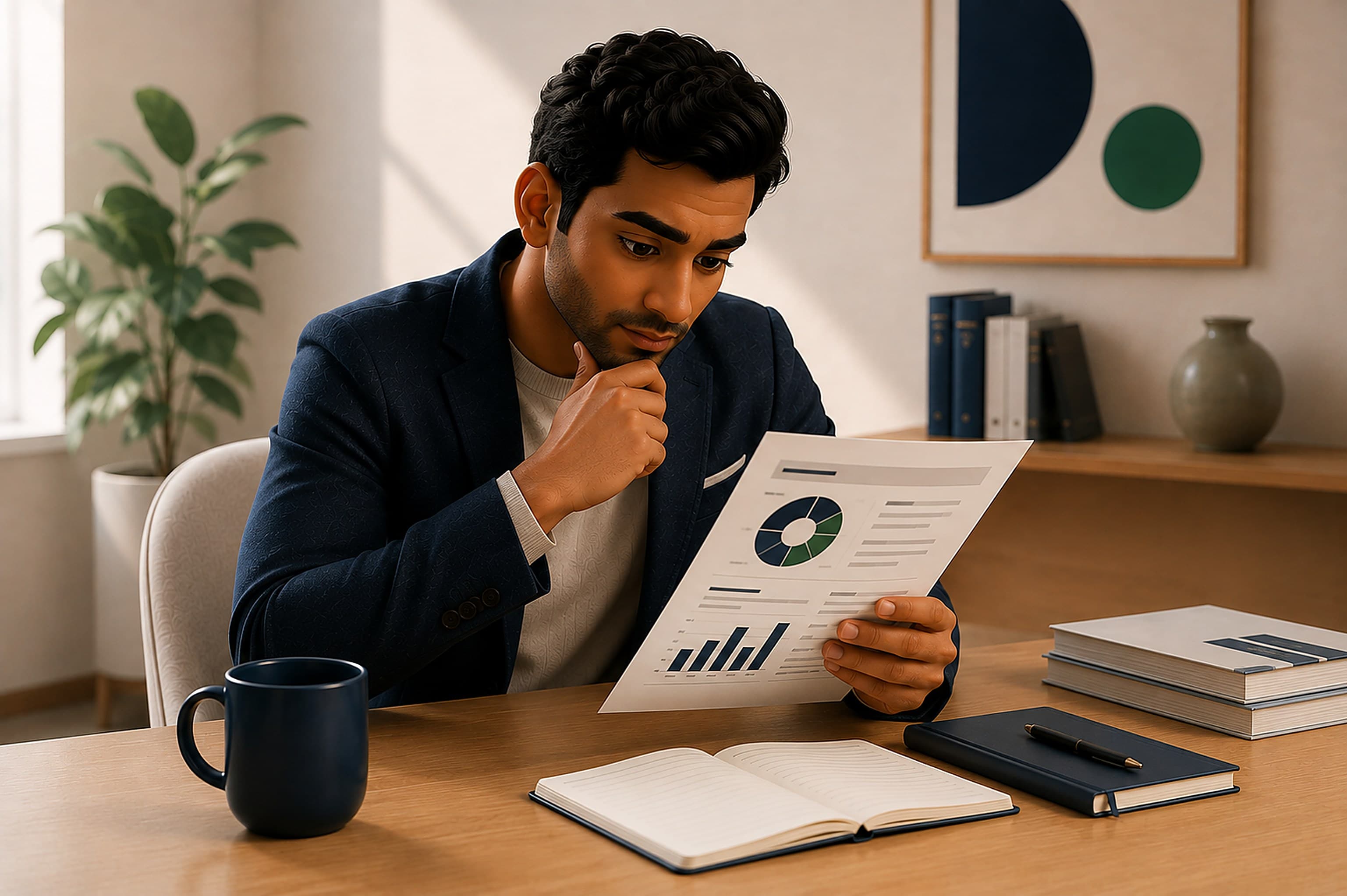A buyer reviewing research and data on executive coaching effectiveness
