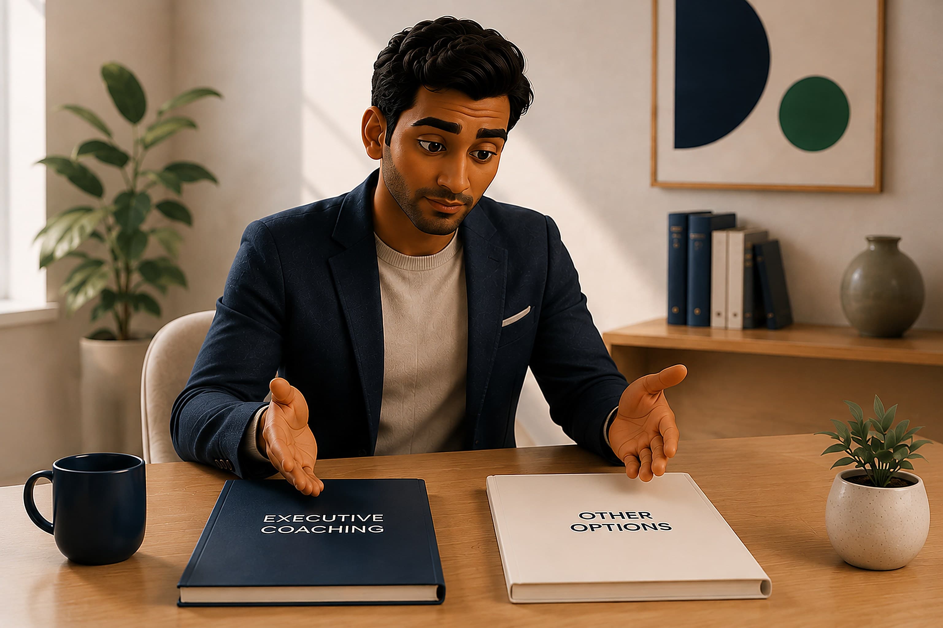 A professional weighing up executive coaching against other options